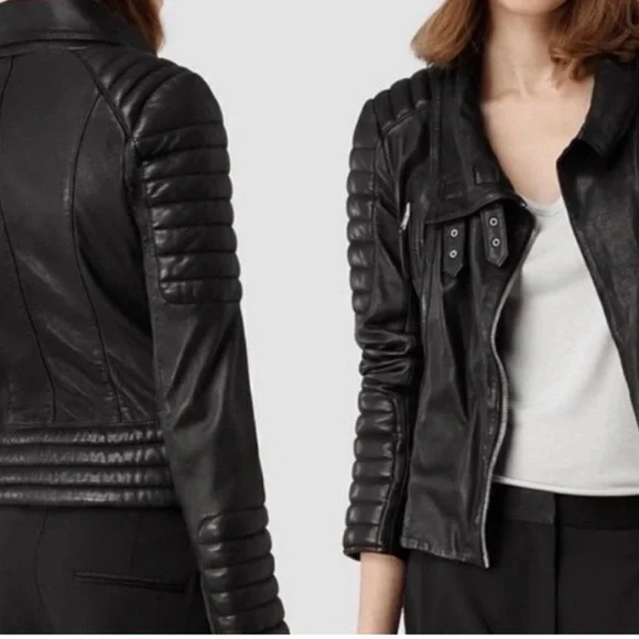 All Saints Quilted Black Leather Jacket - Picture 2 of 15